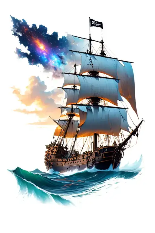 Pirate Ship Sailing With Galaxy Sky