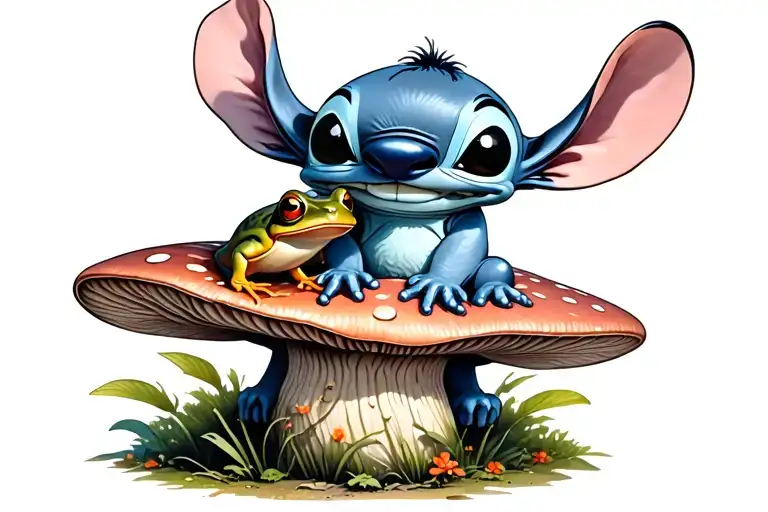 Stitch Sitting On A Mushroom Holding A Frog