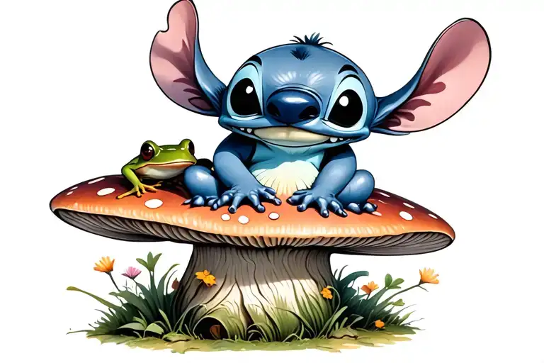 Stitch Sitting On A Mushroom Holding A Frog