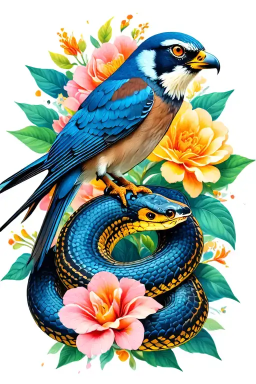Peregrine With Snake And Flowers Intertwined