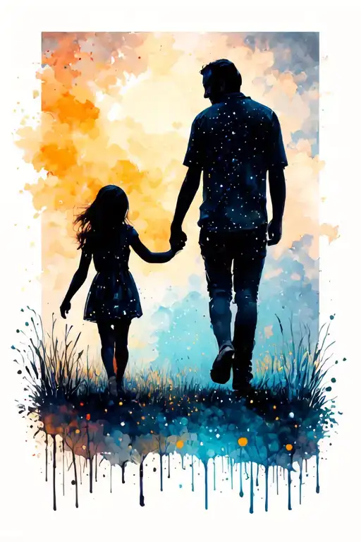 Silhouette Of A Father And Daughter Walking And Holding Hands