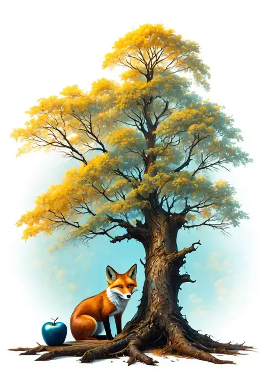 Dead Tree With One Blue Apple And Fox Sitting