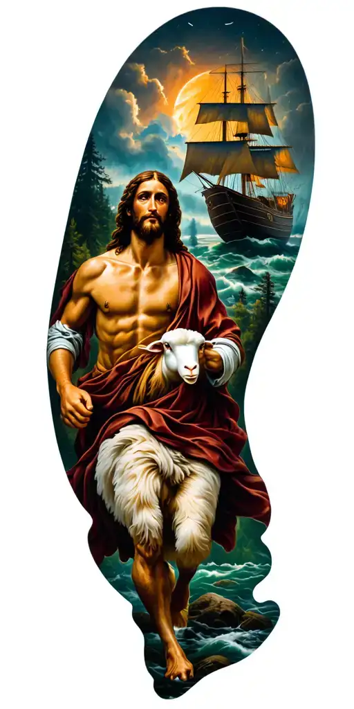 Jesus Running To Lost Sheep In Woods Along With A Shipwreak In A Storm