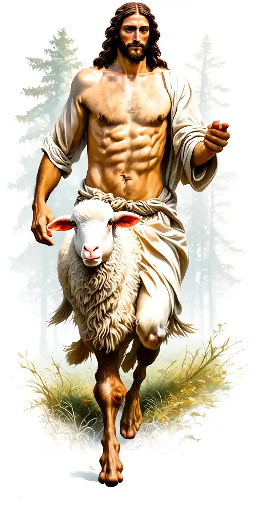 Jesus Running To Lost Sheep In Woods