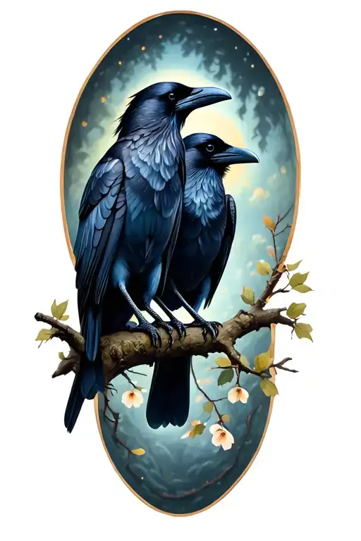 Two Ravens Standing On Branch