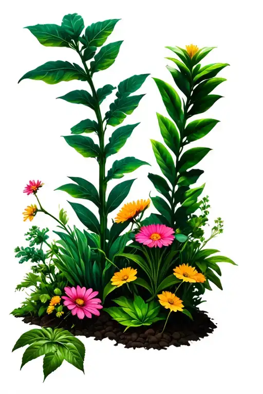 Various Plants Growing In Garden Scene With Flowers
