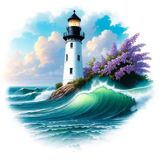 Lighthouse Standing Tall Amidst Crashing Waves With Lilacs