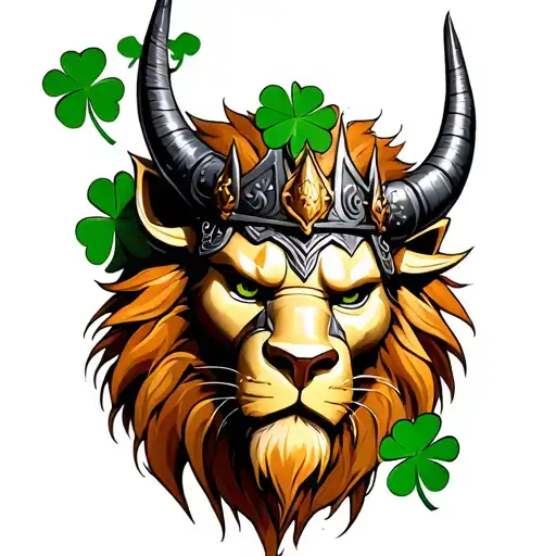 Viking Lion Oni Mask With Four Leaf Clover Crown