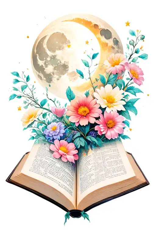 Open Book With Flowers And Moon