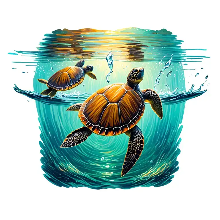 Tiny Sea Turtles Swimming In Stream Of Water