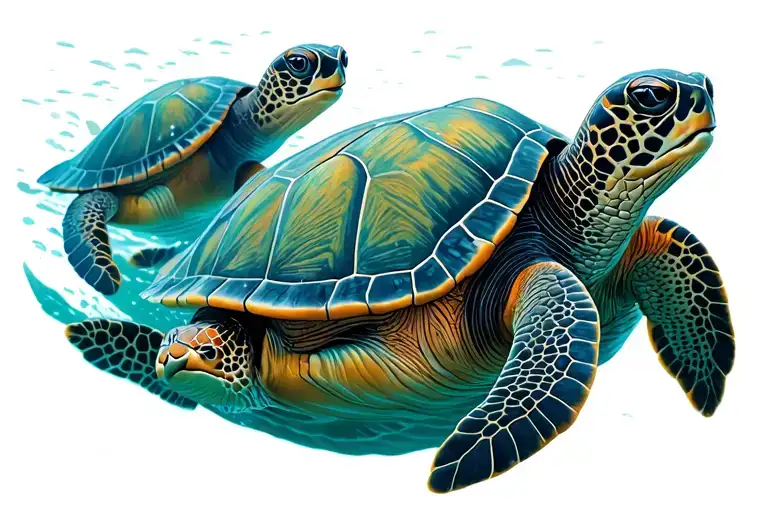 Tiny Sea Turtles Swimming In A Row