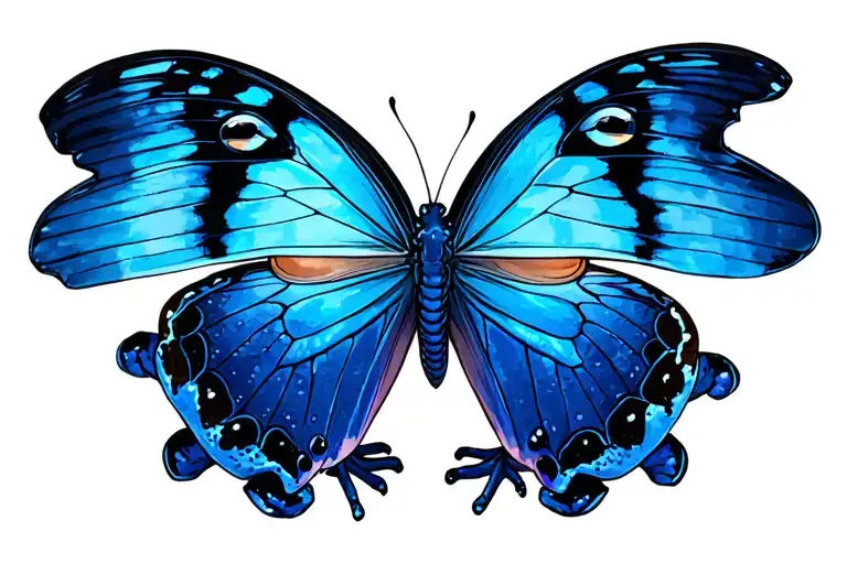 Blue Poison Dart Frog With A Blue Morpho Butterfly