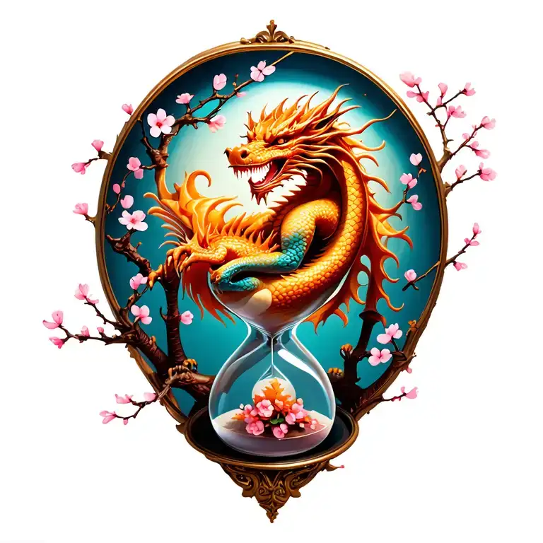 Dragon Sitting On Top Of Hourglass Surrounded By Cherry Blossoms With Branches