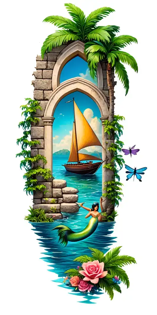 Aim Cent Stone Wall With Arch Windows And Palm Trees With A Sailboat And Dragonflies And A Mermaid