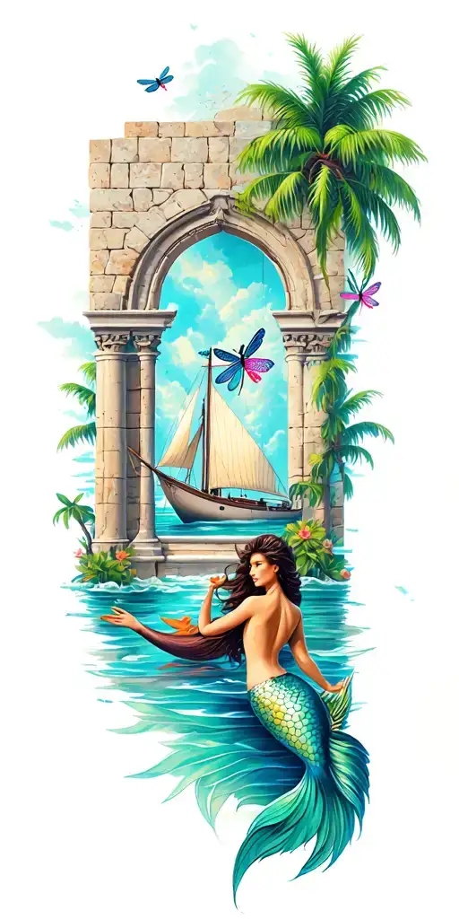 Ancient Stone Wall With Arch Windows And Palm Trees With A Sailboat And Dragonflies And A Mermaid