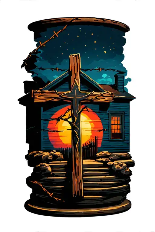 House Of Rising Sun With A Cross In Front With Barbed Wire Spool On It