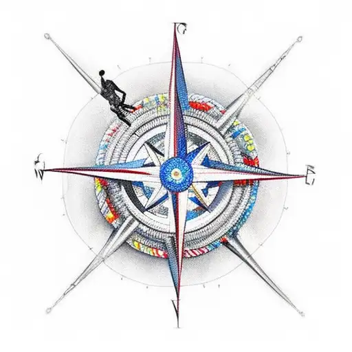 An Intricate Compass Surrounded By A Parachute And Diving Equipment