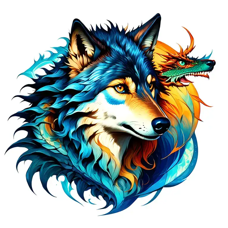 Girls Wolf And Dragon Tattoo Design