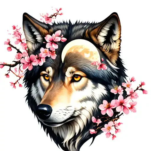 Wolf Tattoo With Moon On Forehead And Cherry Blossoms