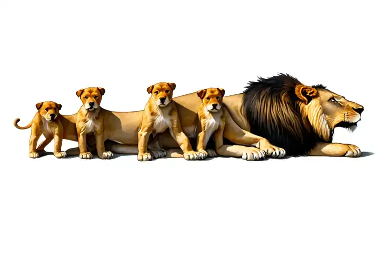 Imposing Male Lion Protecting Their Three Puppies A Female And Two Males