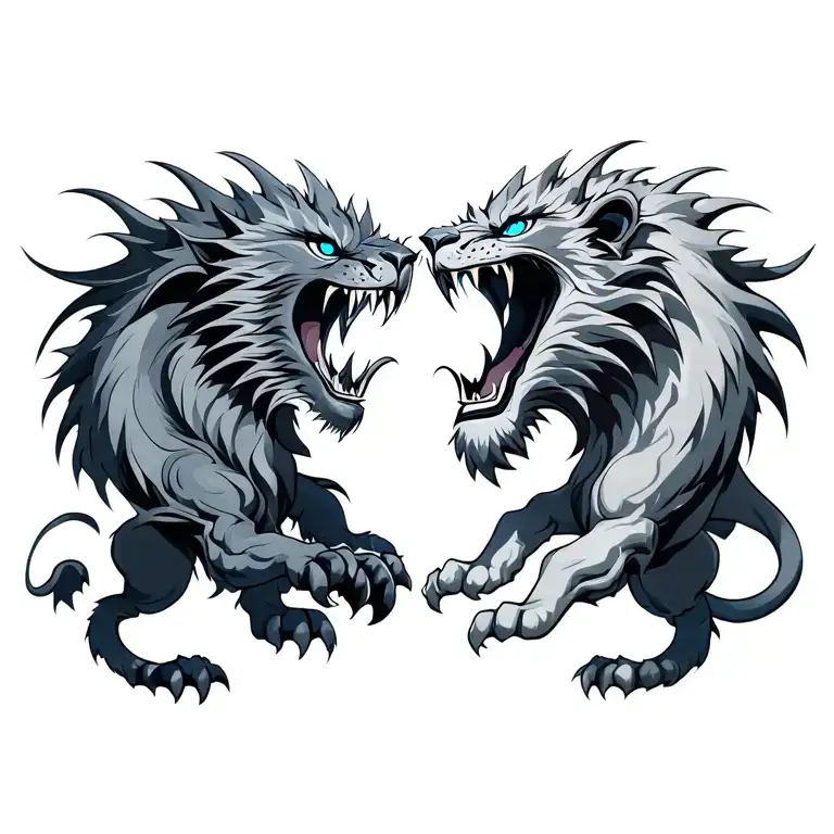 Dragon With Blue Eyes Fighting A Lion Roaring And Grey Accross Both With Blue Eyes