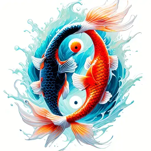 Koi Fish Yin And Yang With Wave Splash Background