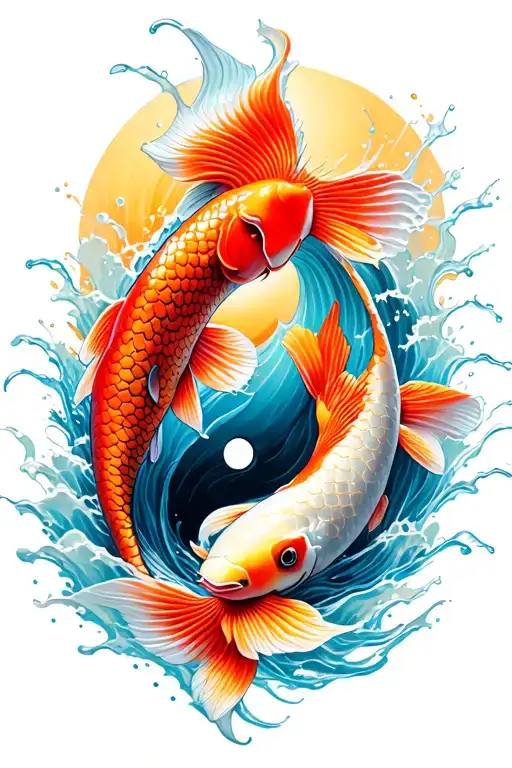 Koi Fish Yin And Yang With Wave Splash Background