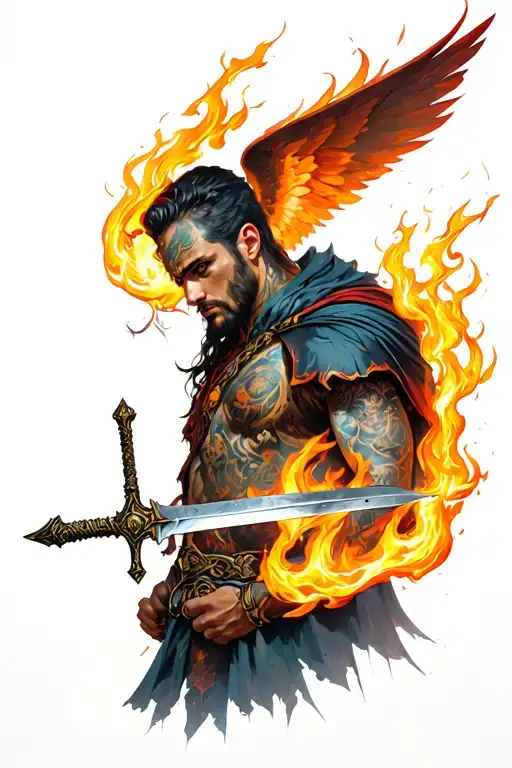 Uriel Shoulder Tattoo Featuring Fire And A Sword In His Right Hand