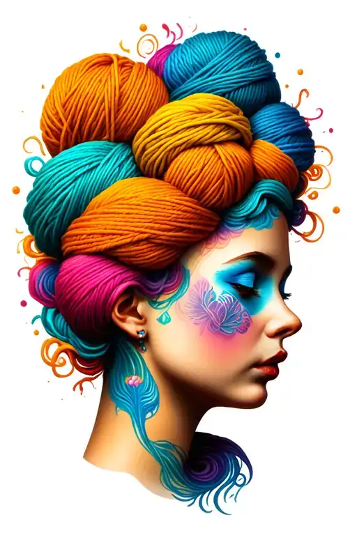 Female Face Side Profile With Yarn Exploding From Top Of Head Depicting Tangled Thoughts