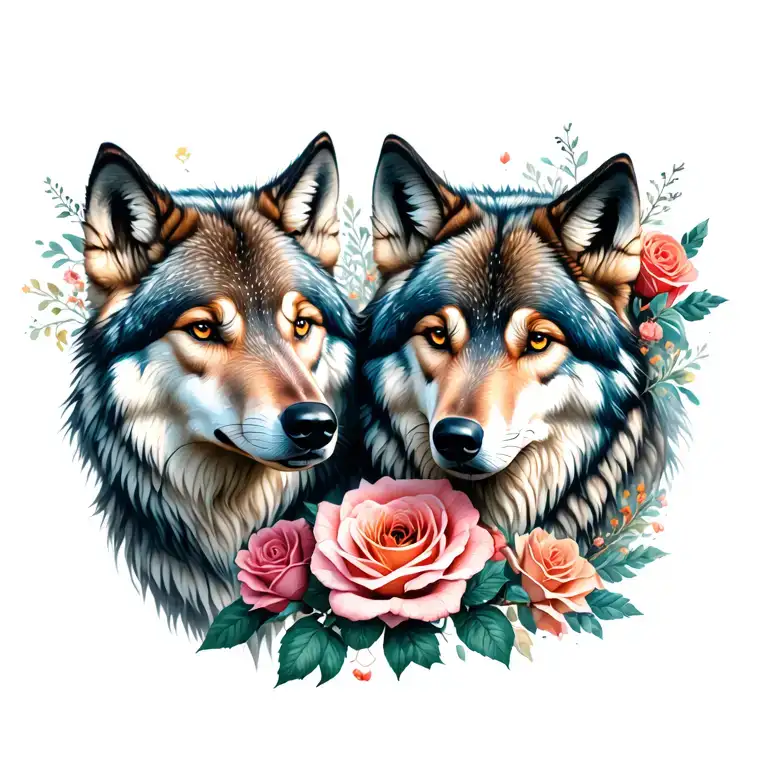 Two Wolfs And Roses Blooming Flower Blooming