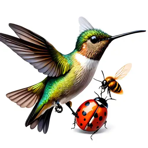 Hummingbird With Small Bee And Ladybug