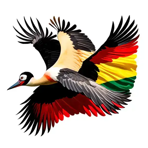 Grey Crowned Crane Flying With Uganda Flag Colours Inside Wings
