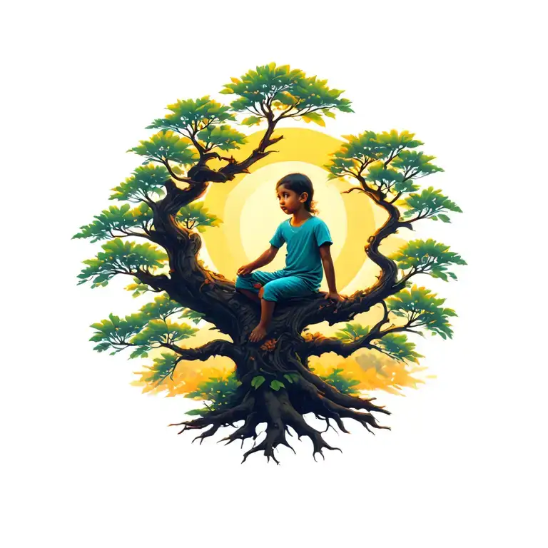 A Child Sitting On A Kalpataru Tree Illuminated By The Sun