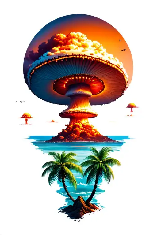 Two Big Coconut Trees With A Seascape With A Nuclear Mushroom Cloud In The Background