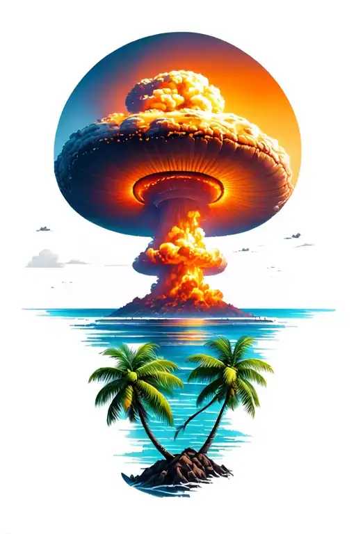 Two Big Coconut Trees With A Seascape With A Nuclear Mushroom Cloud In The Background