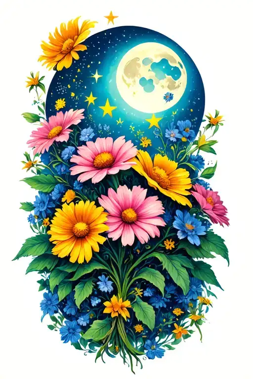 Wildflowers Intertwined With Vines And Flowers And Stars And Moon