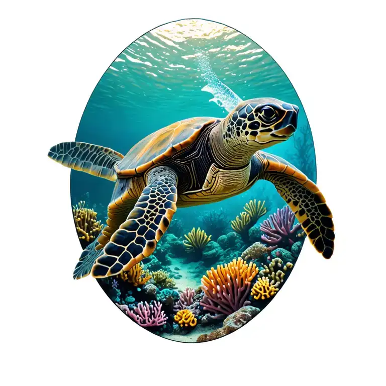 Suba Diving With Green Sea Turtle Swimming In Coral Reef