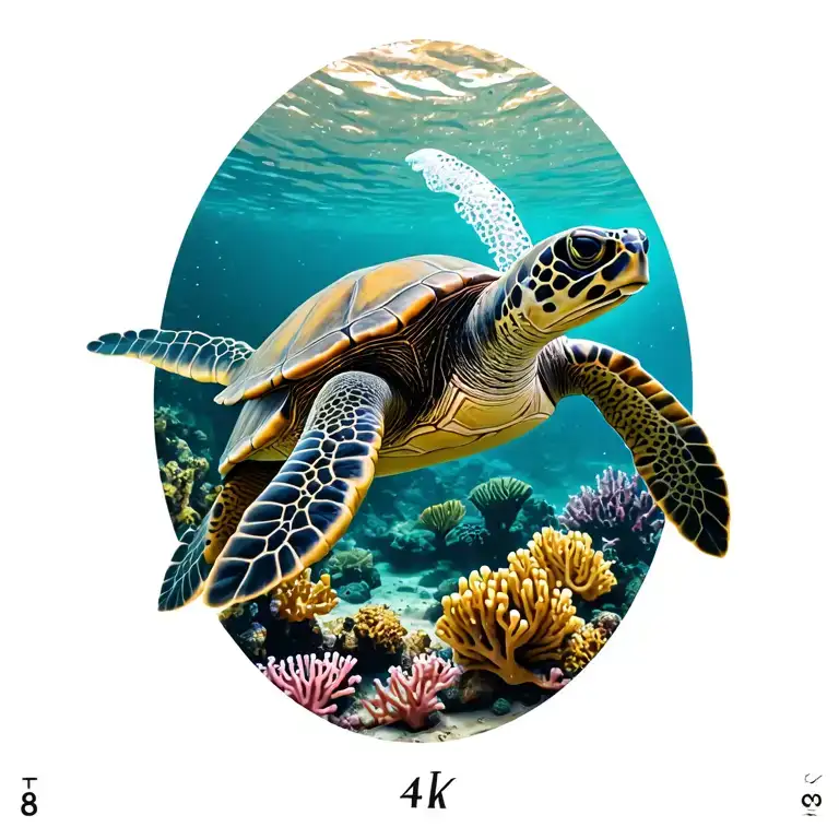 Suba Diving With Green Sea Turtle Swimming In Coral Reef