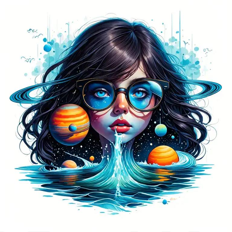 Girl With Glasses With A Pourig Out Of The Glasses With Planets In A Stream