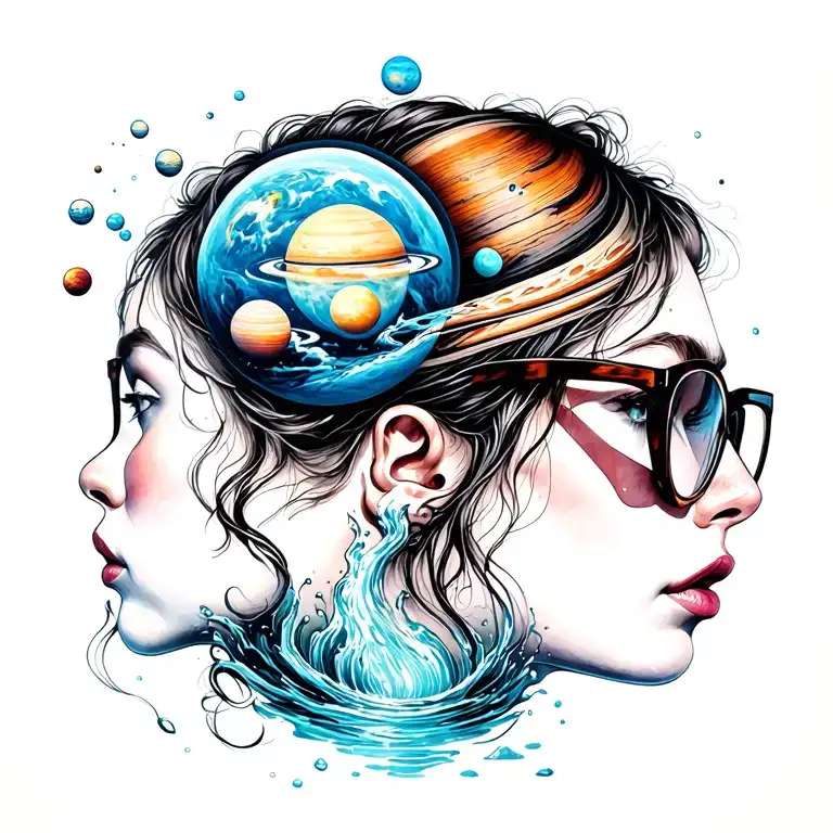 Girl In Profile In Glasses With A Pourig Out Of The Glases With Planets In A Stream
