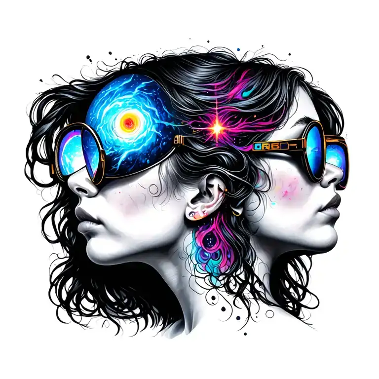 Girl In Profile Looking Up With Rave Glases Looking Up With A Universe Pouring Out Of The Glases