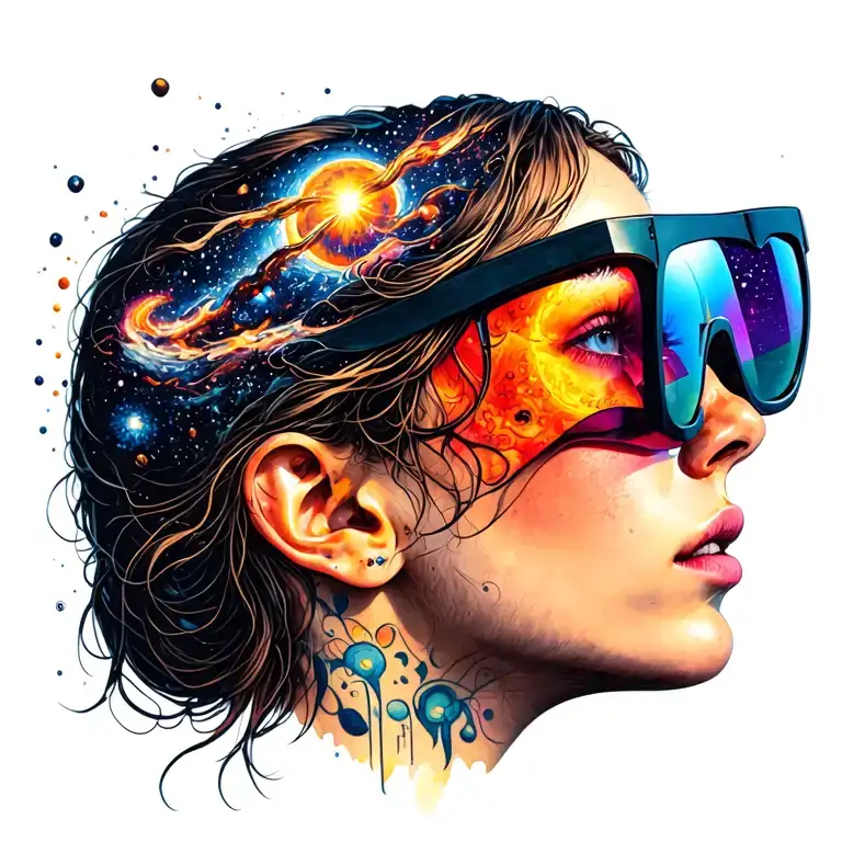 Girl In Profile Looking Up With Rave Glases Looking Up With A Universe Pouring Out Of The Glases