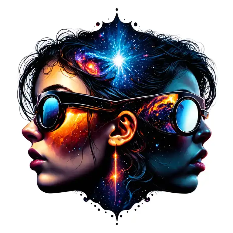 Girl In Profile Looking Up With Rave Glases Looking Up With A Universe Pouring Out Of The Glases