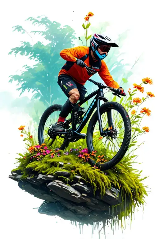 Mountain Biker Emerging From Moss Cambion Flowers Riding Over Rocks