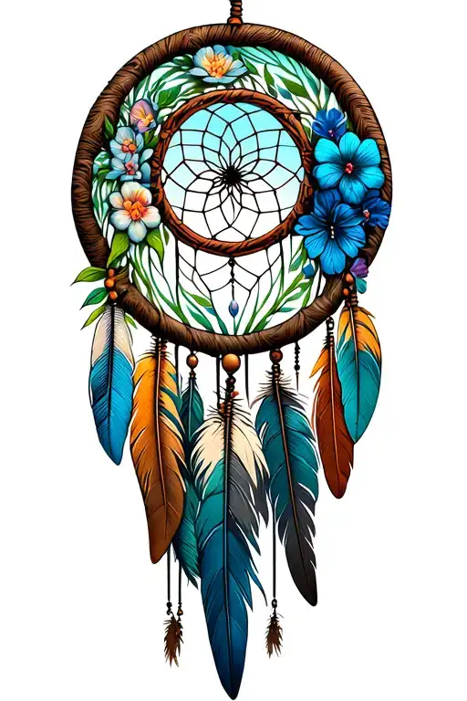 Dream Catcher Tree Of Life With Feathers And Flowers