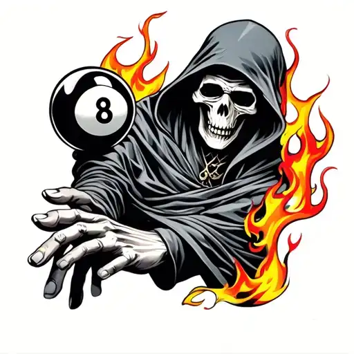 Hand Tattoo Of Grim Reaper Holding 8 Ball On Fire Flames