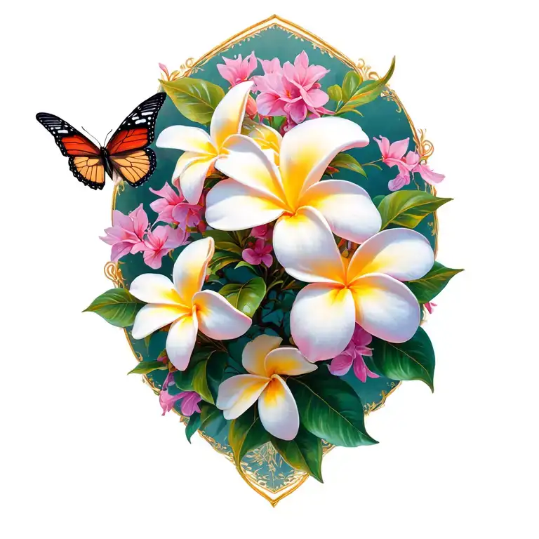 Frangipani Plumeria Flowers And Bougainvillea Flowers With Butterflies