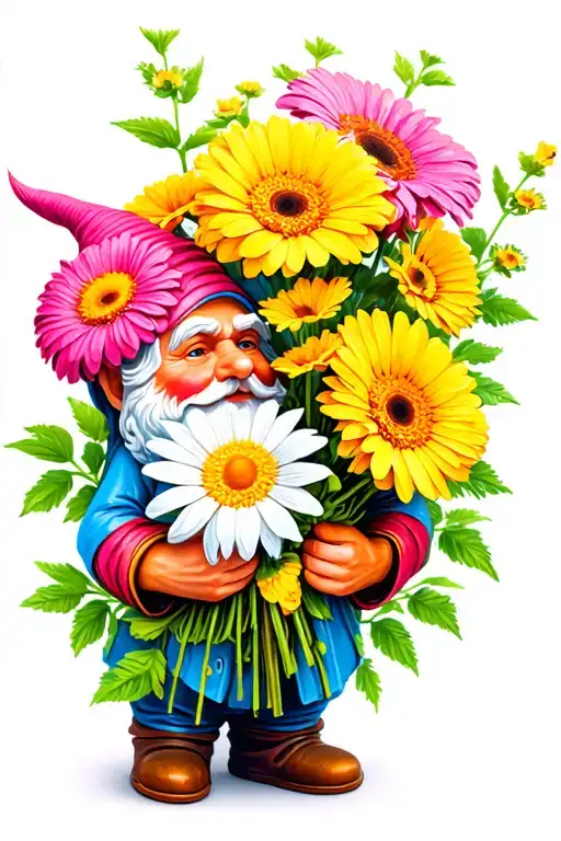 Garden Gnome Holding Gerbera Daisy Bouquet