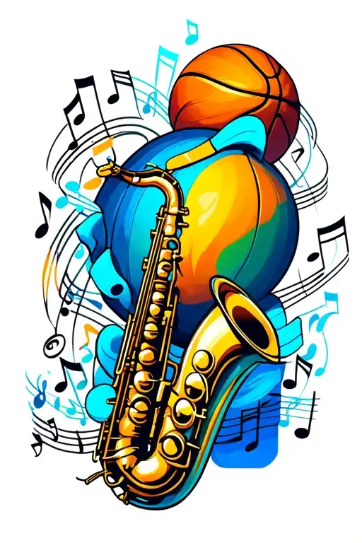 Basketball And Saxophone Surrounded My Music Notes