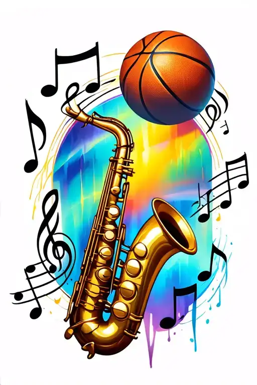 Basketball And Saxophone Surrounded My Music Notes